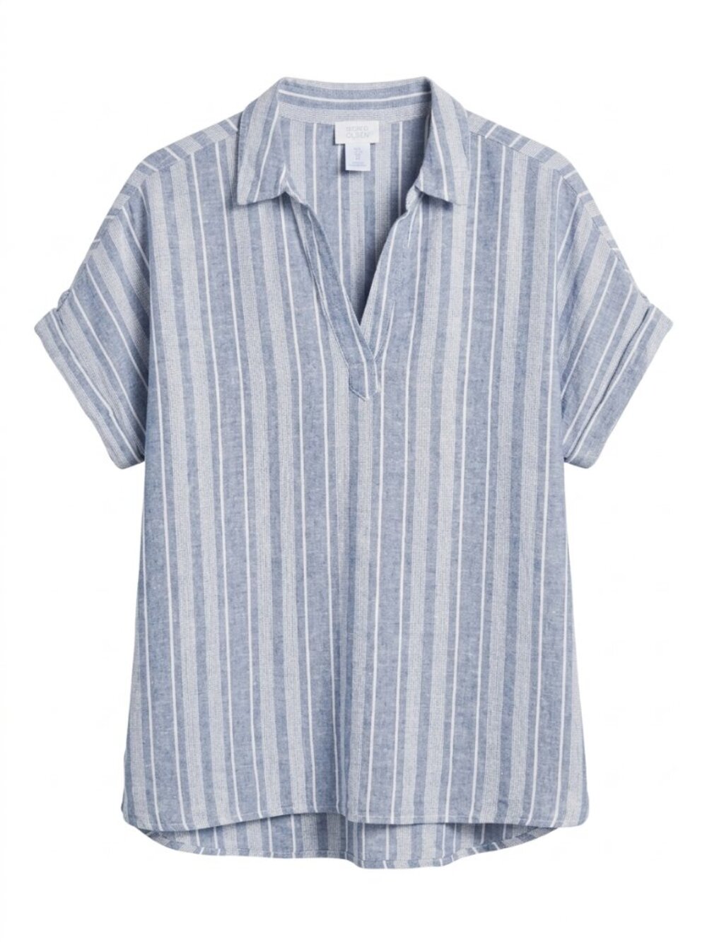 Sigrid Olsen Blue White Striped Linen Blend Split Neck Blouse L